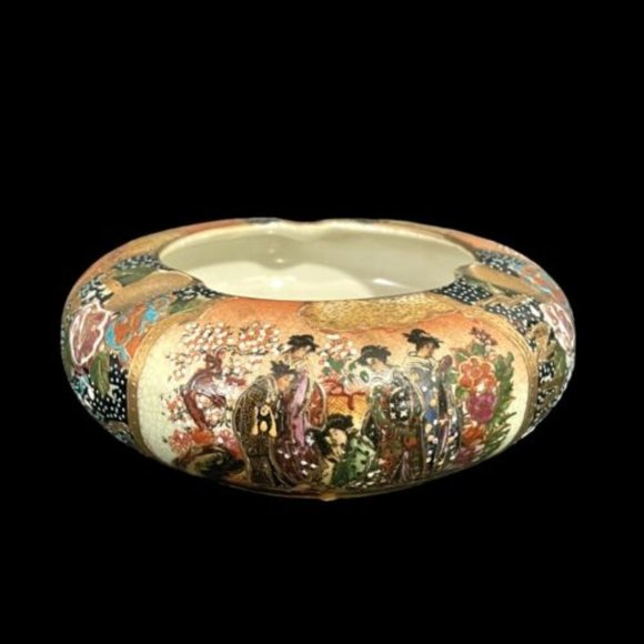 Vintage 1960s Satsuma Hand Painted Ashtray Porcelain China Landscape Crackled - Picture 1 of 10